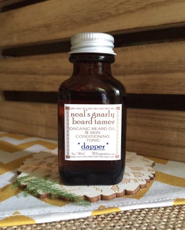 512organics bottle of Neal's Gnarly Beard Tamer beard oil with essential oils Dapper